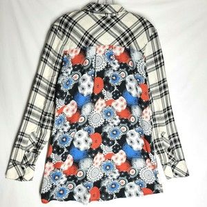Isle By Melis Kogan Women's Blouse Black White Plaid Floral Button Down Small